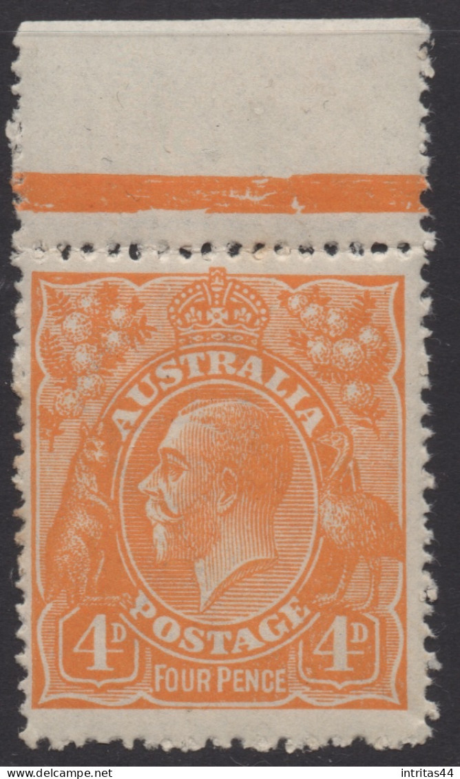 AUSTRALIA 1915 4d ORANGE KGV STAMP  PERF.14.1/4 X 14(COMB) 1st.WMK SG.22 SELVEDGE MNH - Mint Stamps