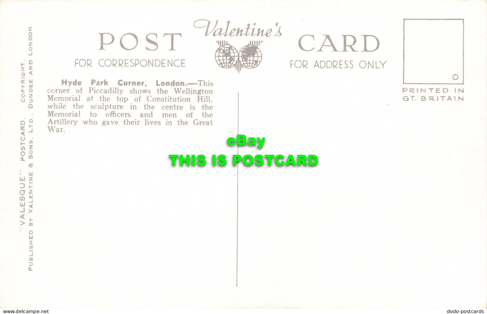 R568380 Hyde Park Corner. London. H. 9145. Valesque Postcard. Valentines - Sonstige & Ohne Zuordnung