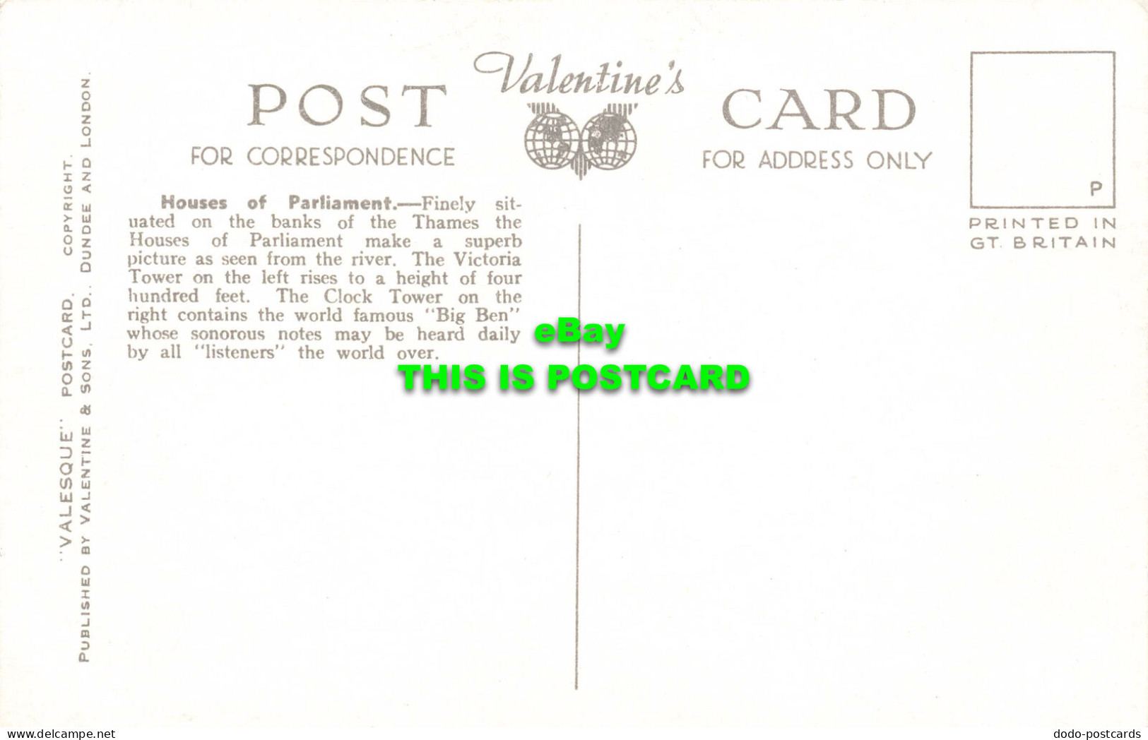 R568381 Houses Of Parliament. London. 98998. Valesque Postcard. Valentines - Sonstige & Ohne Zuordnung