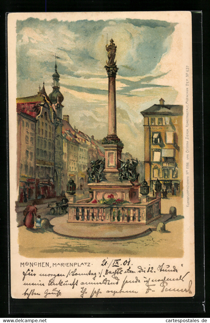 Lithographie München, Mariensäule Auf Dem Marienplatz  - Muenchen