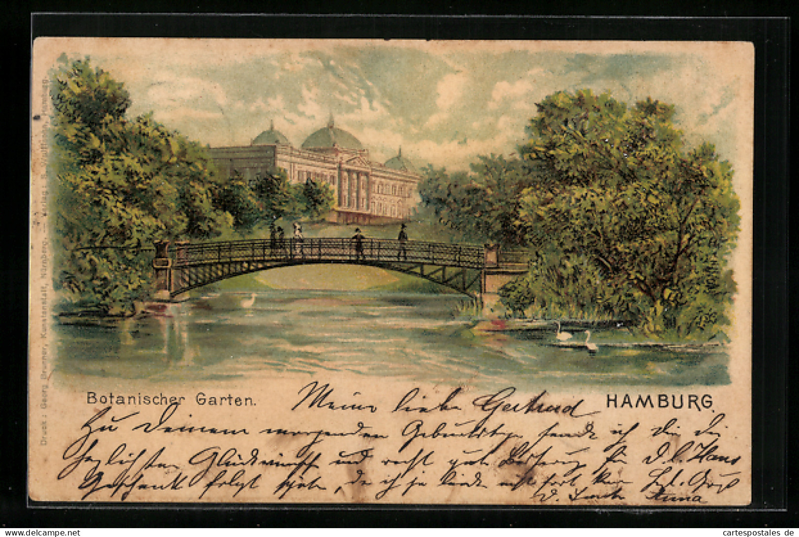 Lithographie Hamburg-St.Pauli, Brücke Im Botanischen Garten  - Mitte