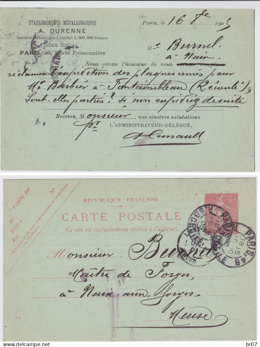PARIS ENTIER POSTAL REPIQUE 1905 REPIQUAGE ET. METALLURGIQUES A. DURENNE - 1877-1920: Période Semi Moderne