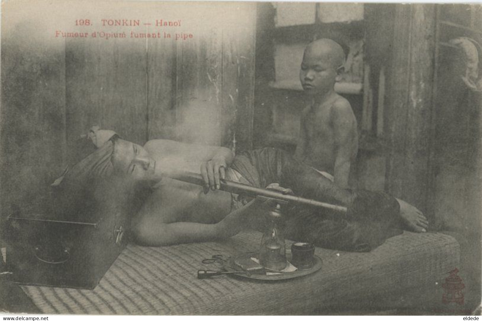 Opium Smoker With Pipe And Young Coolie Slave Boy At His Side  Drug Addiction - Asie