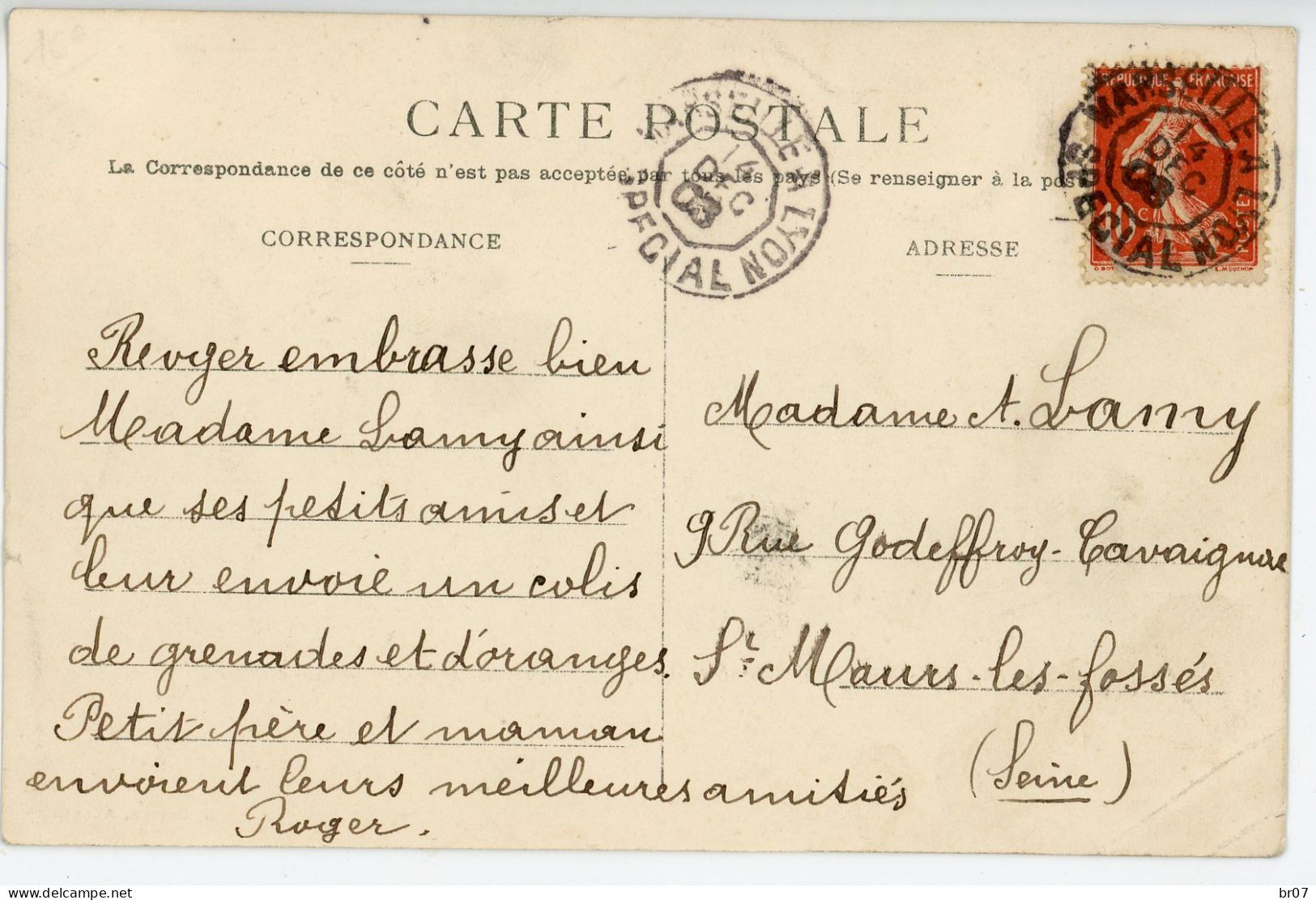 SEMEUSE AVEC SOL MARSEILLE A LYON SPECIAL (RAPIDE AMBULANT) CP 1908 SEMEUSE AVEC SOL BOUCHES DU RHONE RHONE - 1877-1920: Semi-Moderne