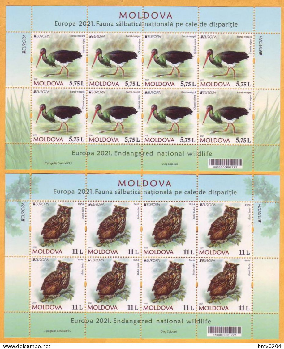 2021 Moldova Moldavie Sheets Mint  EUROPA CEPT-2021  Owl, Stork, Fauna, Birds - Moldawien (Moldau)