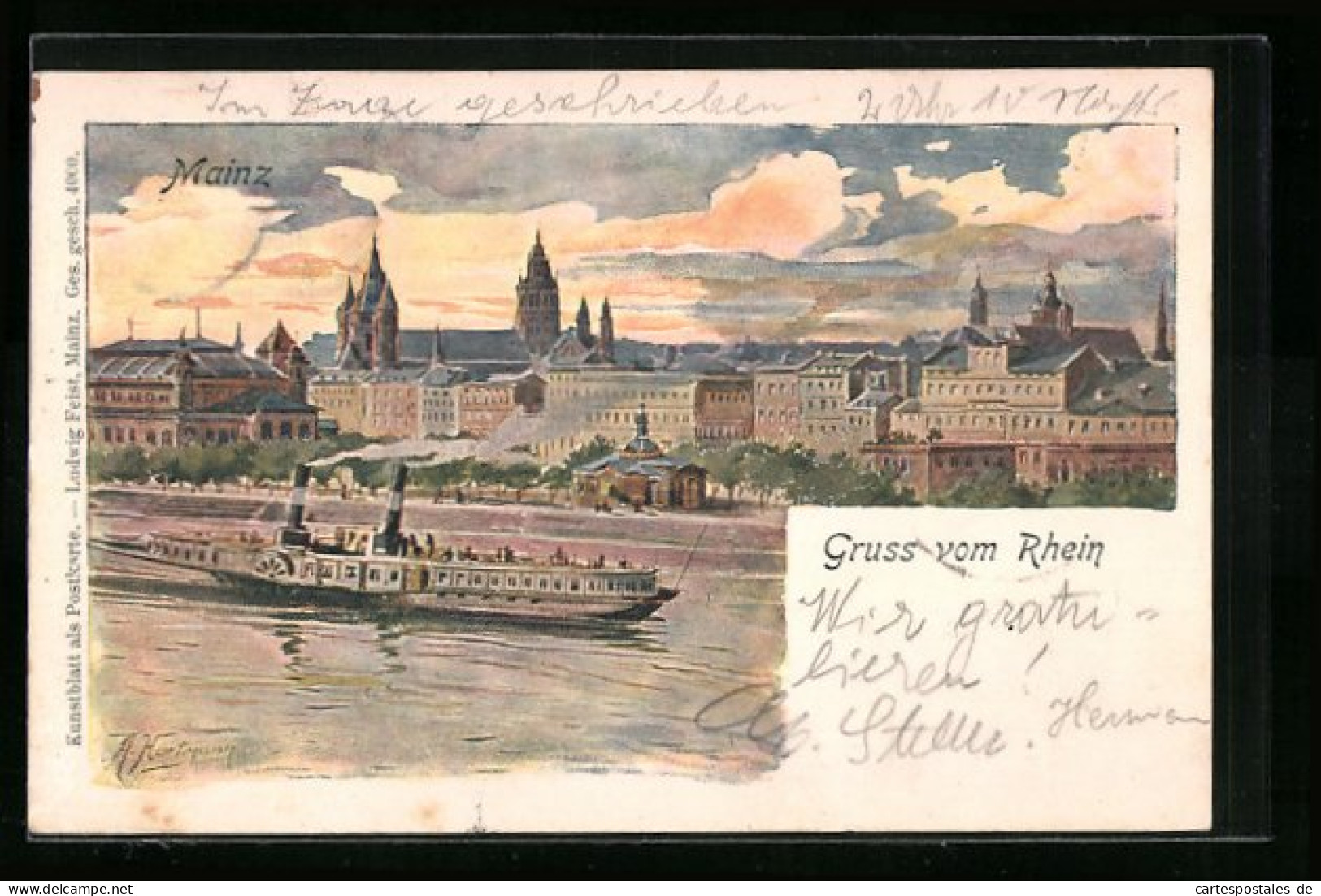 Lithographie Mainz, Blick über Den Rhein Auf Den Dom In Der Stadt  - Mainz