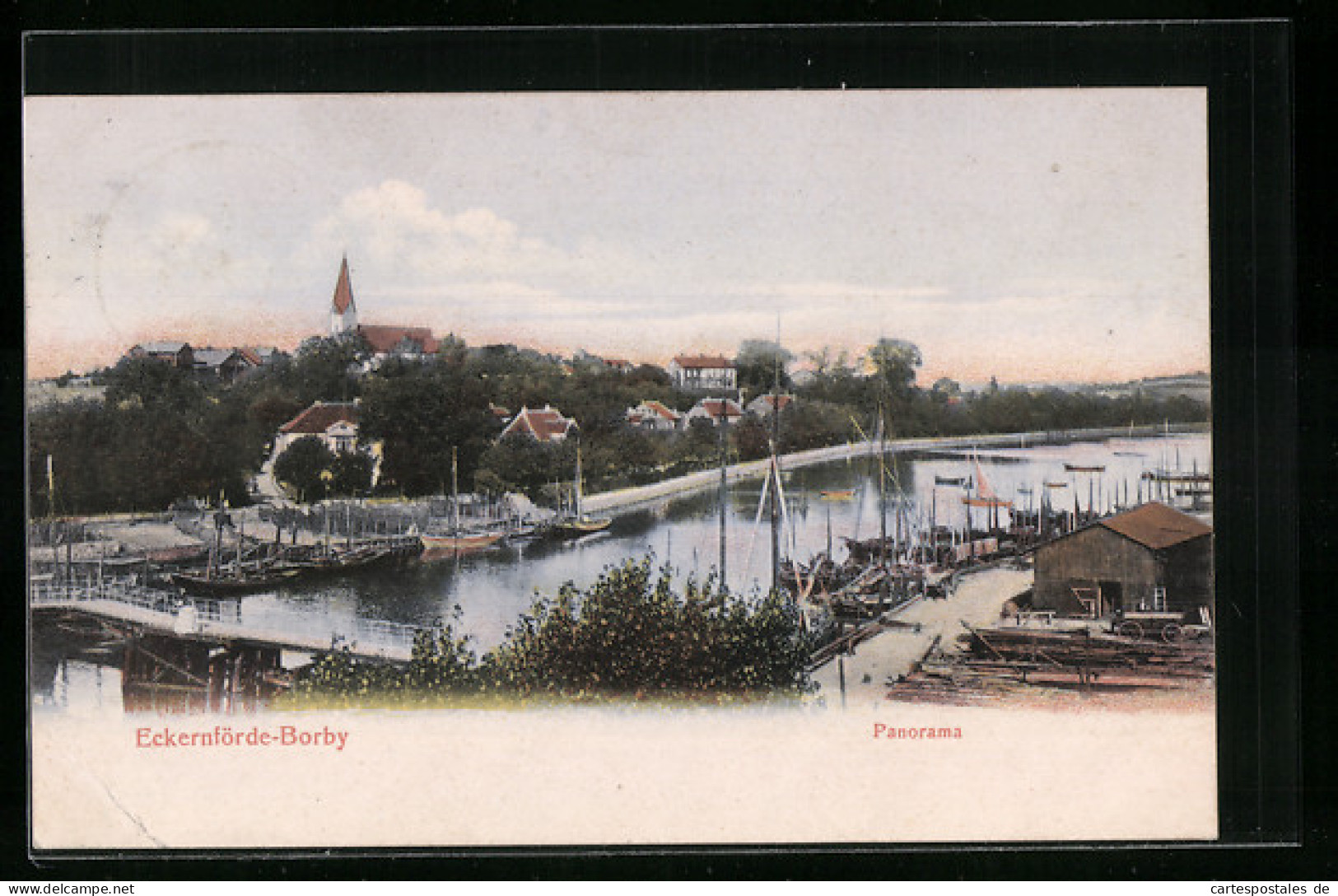 AK Eckernförde-Borby, Panorama Mit Schiffen Im Hafen Zur Kirche Hin  - Eckernförde