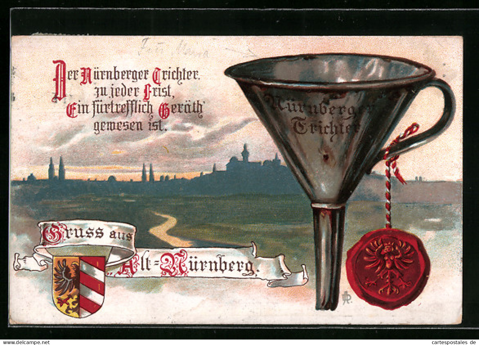 Lithographie Nürnberg, Panorama Der Stadt, Nürnberger Trichter Mit Siegel, Wappen  - Nuernberg