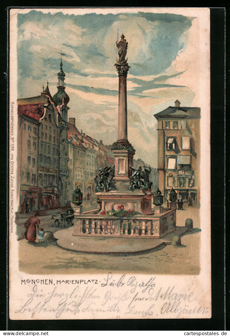 Lithographie München, Marienplatz Mit Mariensäule  - München