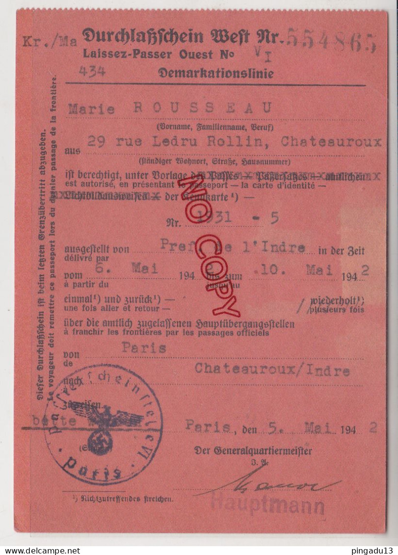 Fixe France WW2 Laissez Passer Ouest Demarkationslinie Châteauroux Vierzon Paris 5 Mai 1942 - 1939-45