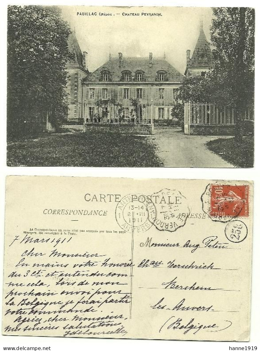 Pauillac Chateau Peyrabon Cachet Anvers 1911 Gironde France - Pauillac