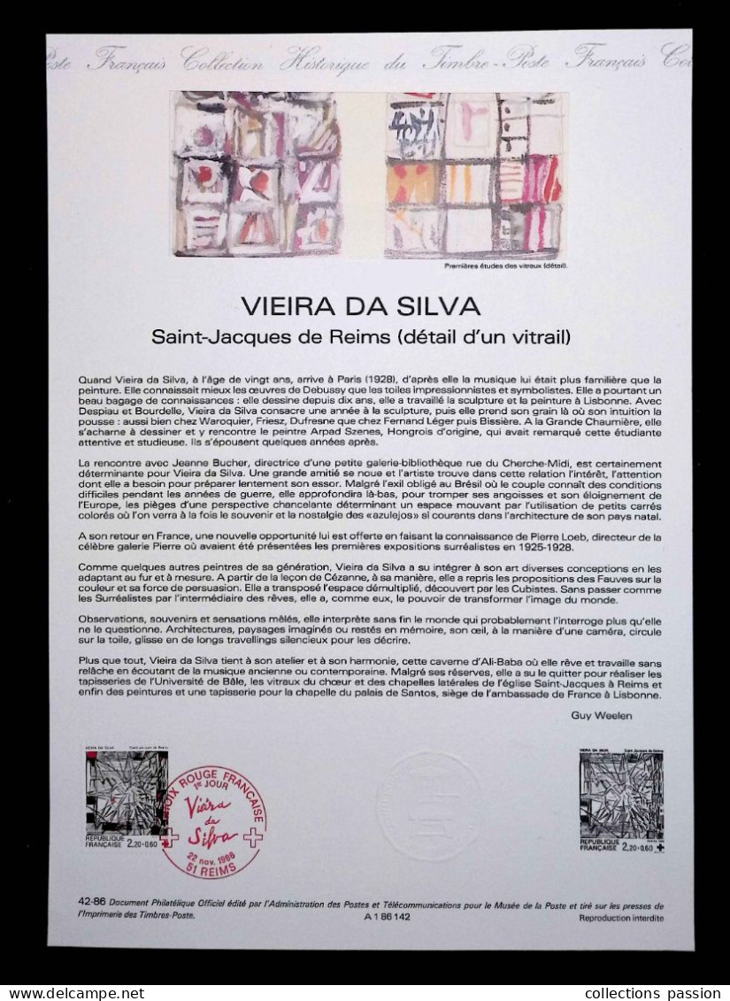CL, Collection Historique Du Timbre-poste, France, 51 Reims, 22 Nov. 1986, Vieira Da Silva, Frais Fr 2.25 E - Documenten Van De Post