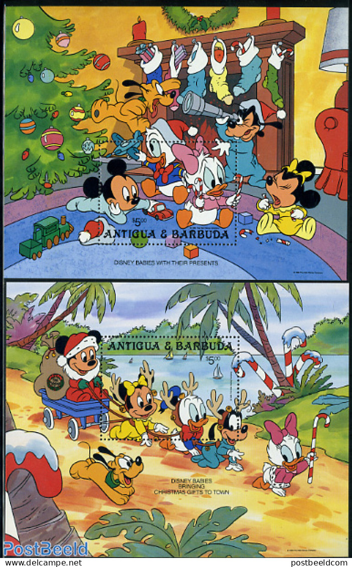 Antigua & Barbuda 1986 Christmas, Disney 2 S/s, Mint NH, Religion - Christmas - Art - Disney - Christmas