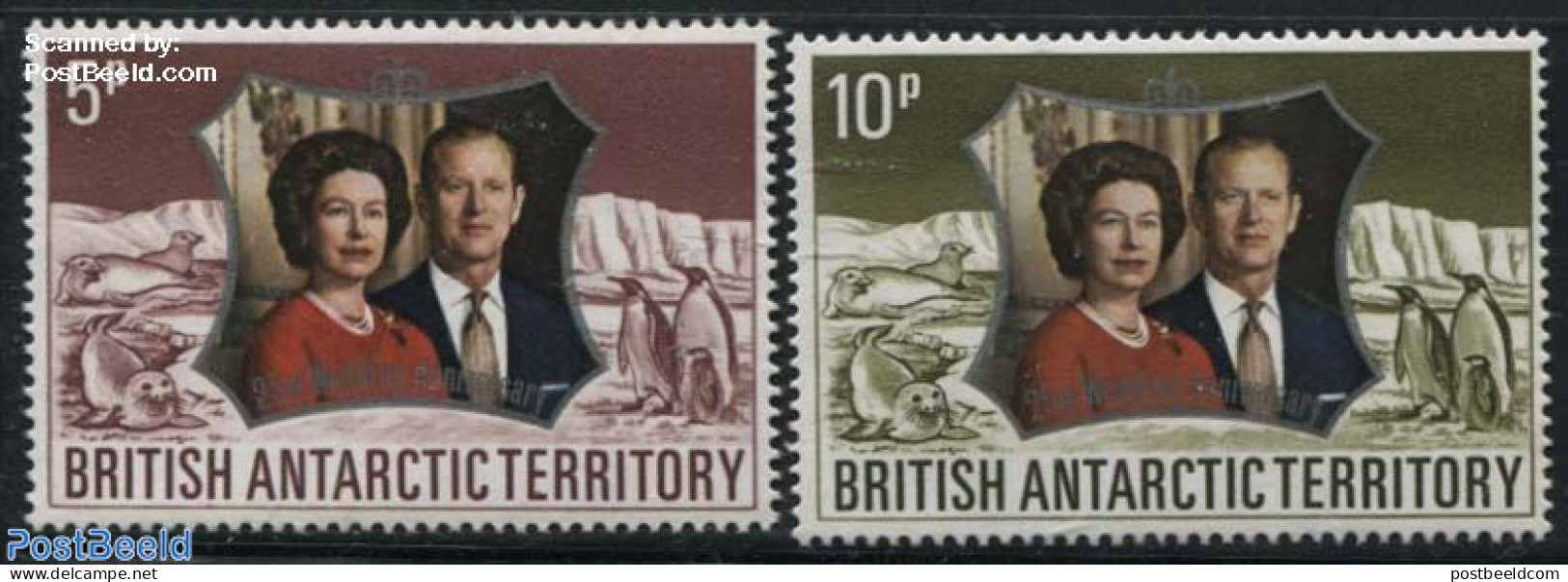 British Antarctica 1972 Silver Wedding 2v, Mint NH, History - Nature - Kings & Queens (Royalty) - Birds - Penguins - S.. - Familias Reales