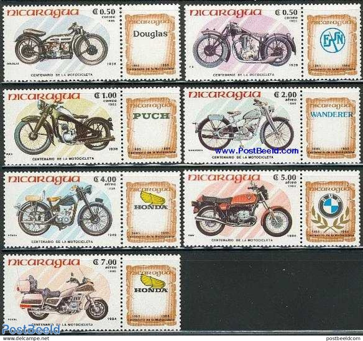 Nicaragua 1985 Motor Cycles 7v+tabs, Mint NH, Transport - Motorcycles - Motorräder