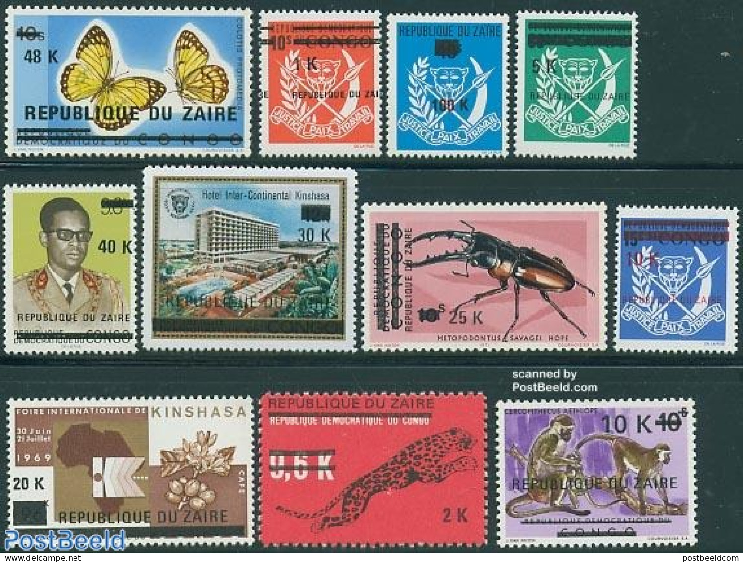 Congo Dem. Republic, (zaire) 1977 Overprints 11v, Mint NH, History - Nature - Various - Coat Of Arms - Animals (others.. - Géographie