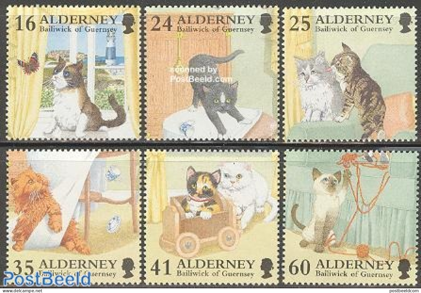 Alderney 1996 Cats 6v, Mint NH, Nature - Various - Cats - Lighthouses & Safety At Sea - Vuurtorens