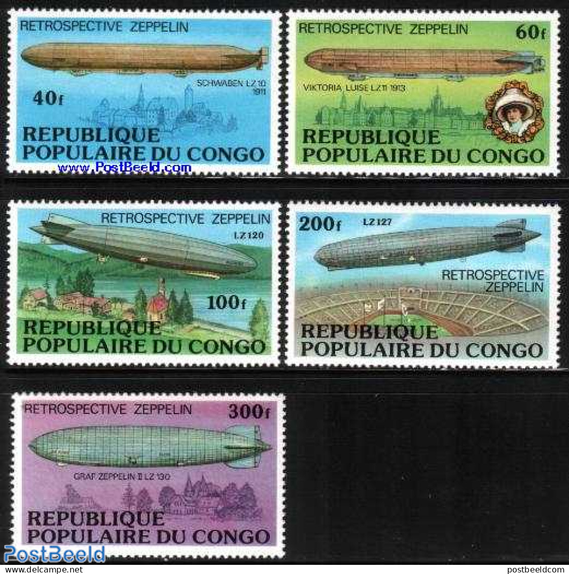 Congo Republic 1977 Zeppelins 5v, Mint NH, Transport - Zeppelins - Zeppelins