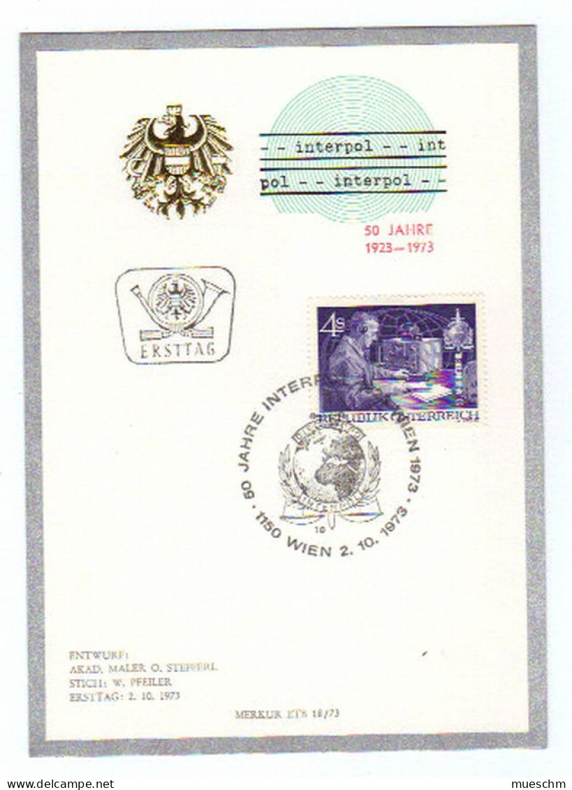 Österreich, 1973, Ersttag A.Karton "50 Jahre Interpol", MiNr.1427 Mit Zusätzl. SStpl. (10686L) - FDC