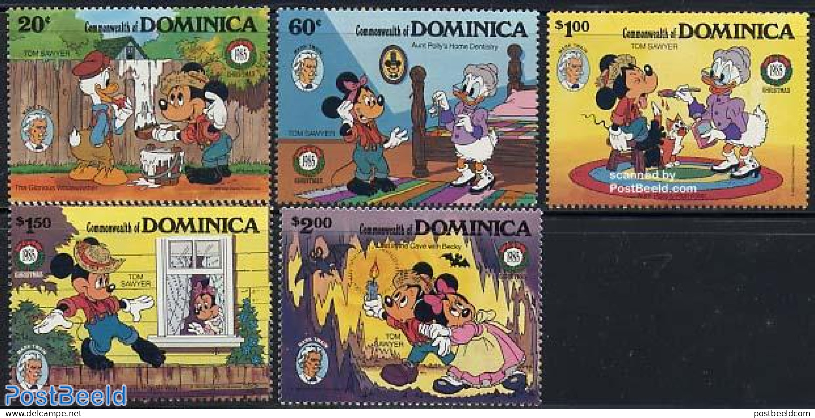 Dominica 1985 Christmas, Disney 5v, Mint NH, Nature - Religion - Cats - Christmas - Art - Disney - Weihnachten
