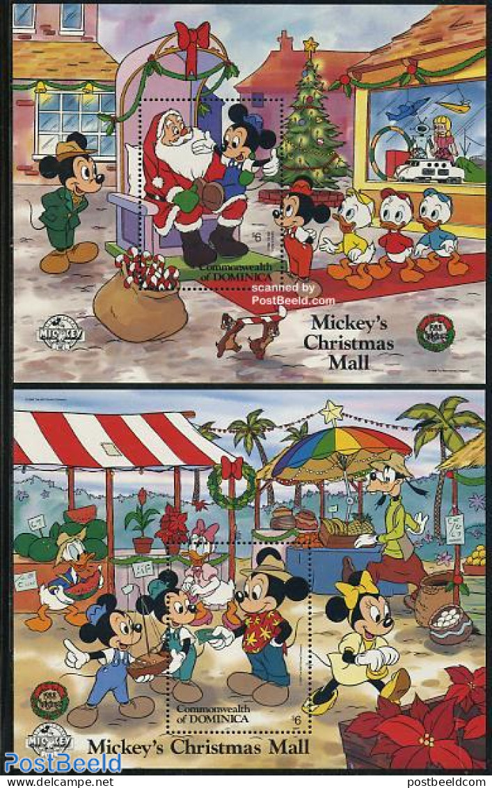 Dominica 1988 Christmas, Disney 2 S/s, Mint NH, Religion - Christmas - Art - Disney - Weihnachten