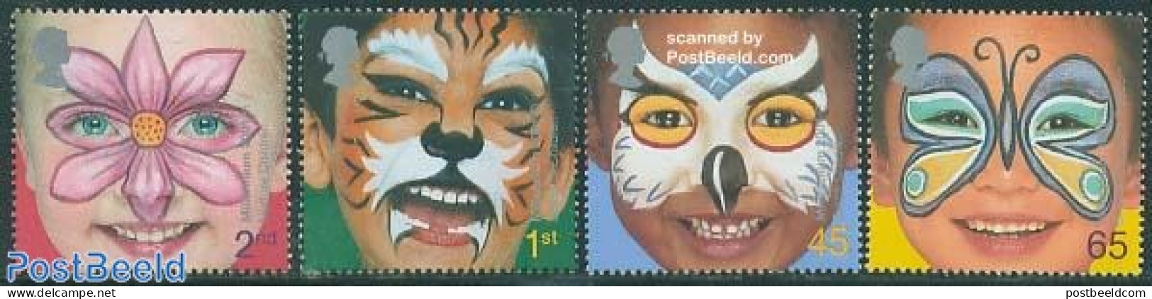 Great Britain 2001 Millennium, Face Paintings 4v, Mint NH, Nature - Butterflies - Cats - Flowers & Plants - Owls - Unused Stamps