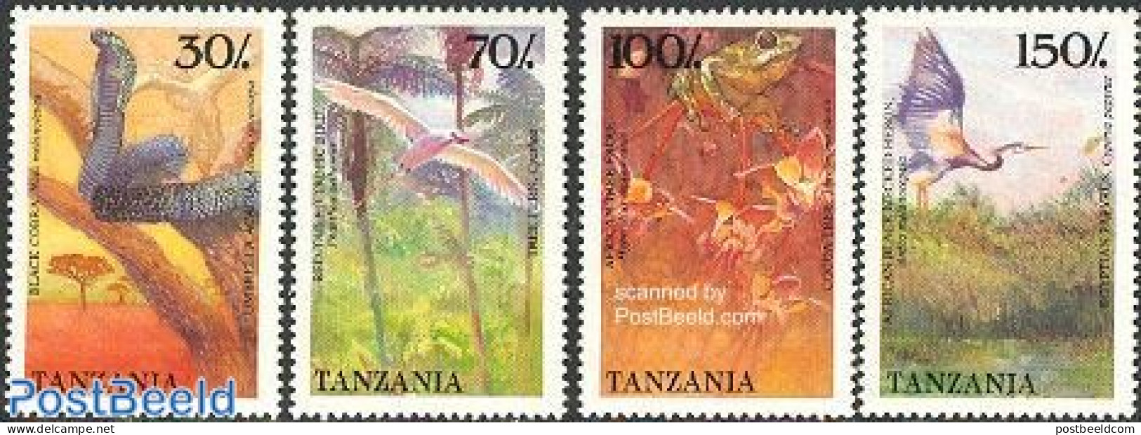 Tanzania 1989 Flora & Fauna 4v, Mint NH, Nature - Animals (others & Mixed) - Birds - Frogs & Toads - Reptiles - Snakes - Tanzanie (1964-...)