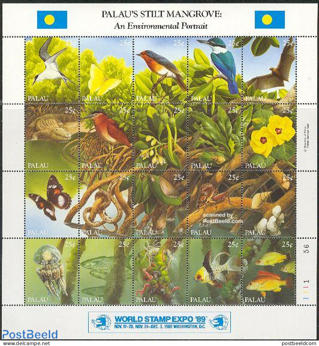 Palau 1989 World Stamp Expo 20v M/s, Mint NH, Nature - Bats - Birds - Butterflies - Fish - Flowers & Plants - Shells &.. - Peces