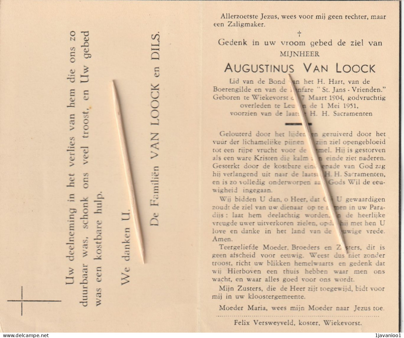 Wiekevorst, Leuven, Augustinus Van Loock - Devotieprenten