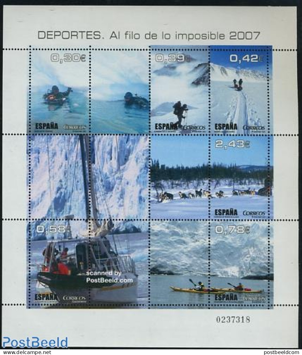 Spain 2007 Sports At The Edge Of The Impossible 6v M/s, Mint NH, Nature - Science - Sport - Transport - Dogs - The Arc.. - Ongebruikt
