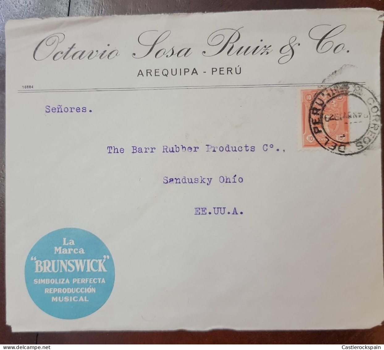 O) 1929 PERU, LEGUIA 10c,  LA MARCA BRUNSWICK, OCTAVIO SOSA  RUIZ - AREQUIPA., CIRCULATED TO USA - Perù