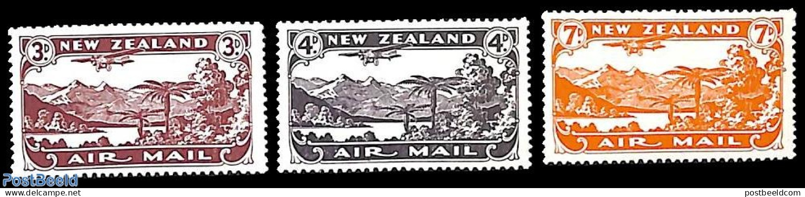 New Zealand 1931 Airmail Issue 3v, Unused (hinged), Nature - Transport - Trees & Forests - Aircraft & Aviation - Nuevos