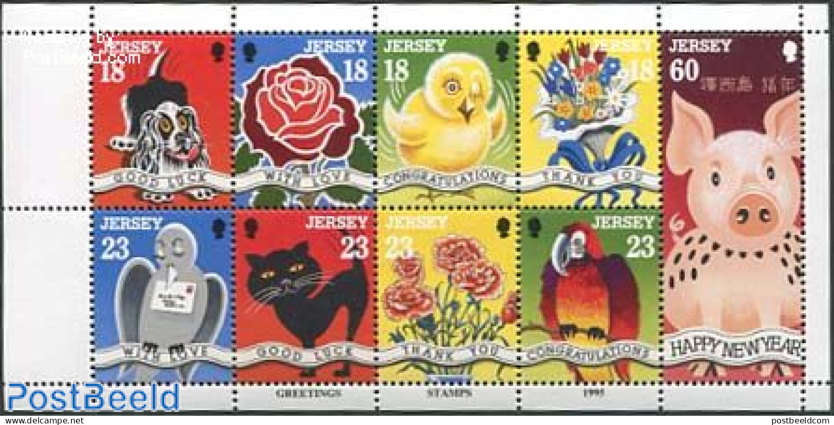 Jersey 1995 Greeting Stamps 9v M/s, Mint NH, Nature - Various - Cats - Dogs - Greetings & Wishing Stamps - Art - Comic.. - Comics