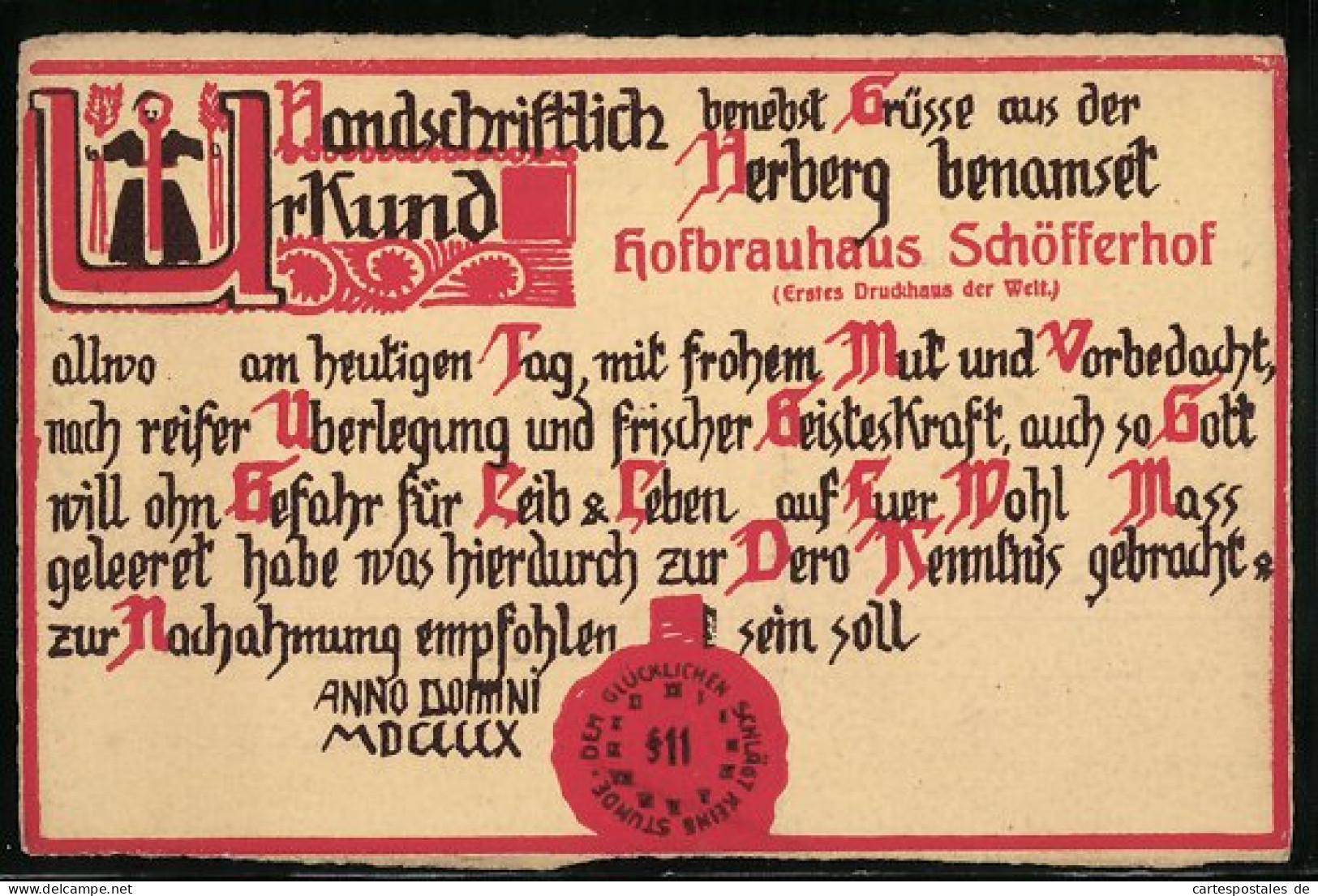 AK Mainz, Gasthaus Schöfferhof, Handschriftliche Urkunde  - Mainz