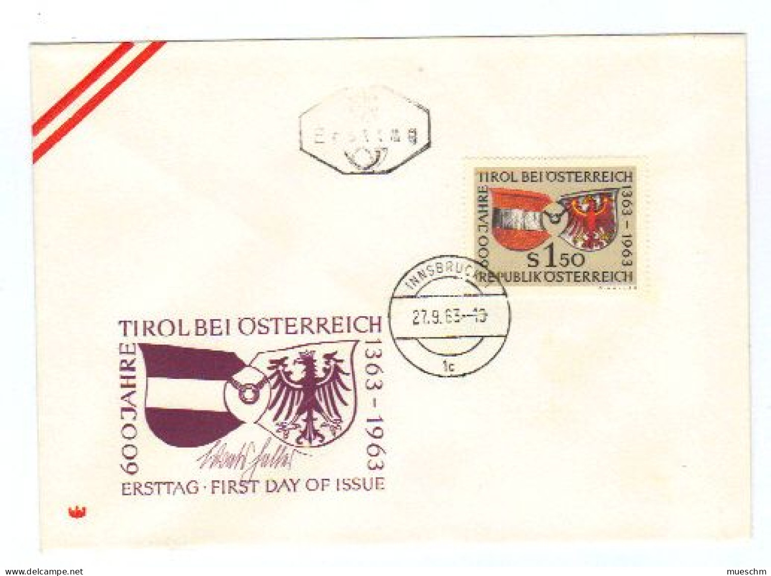 Österreich, 1963, Ersttag " 600 Jahre Zugehörigkeit Tirols Zu Österr." Auf Kuvert Mit Zusätzl. Tagesstempel (10694X) - FDC