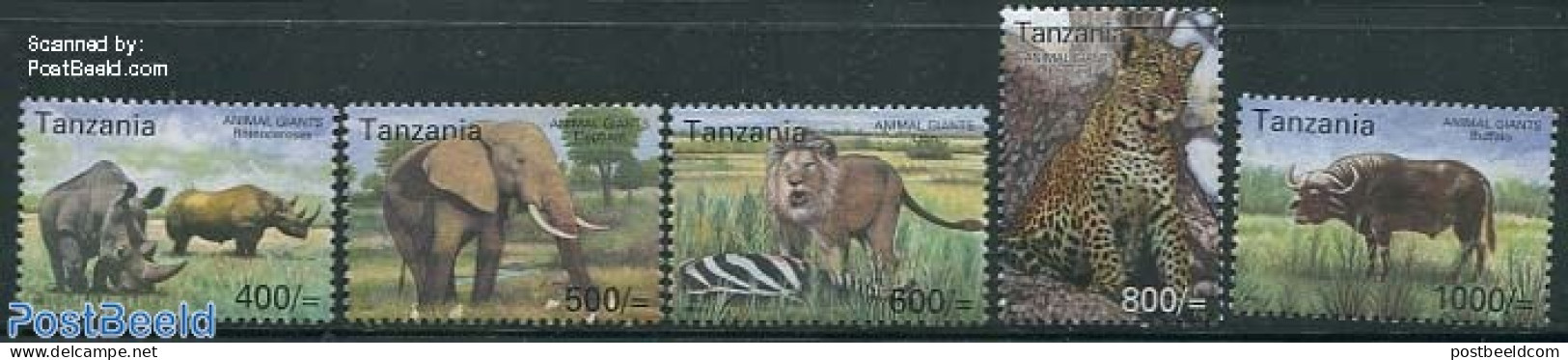 Tanzania 2002 Large Animals 5v, Mint NH, Nature - Animals (others & Mixed) - Cat Family - Elephants - Rhinoceros - Tanzania (1964-...)