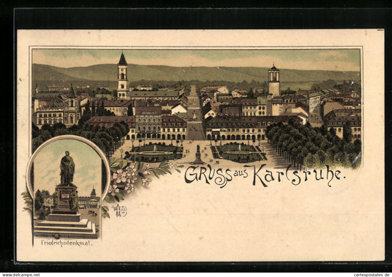 Lithographie Karlsruhe, Teilansicht Mit Schloss, Friedrichsdenkmal  - Karlsruhe