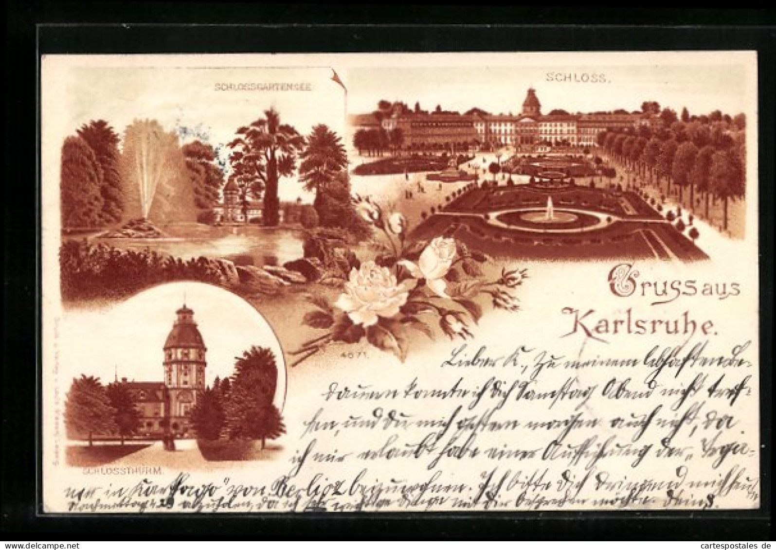 Lithographie Karlsruhe, Schloss, Schlossturm, Schlossgartensee  - Karlsruhe