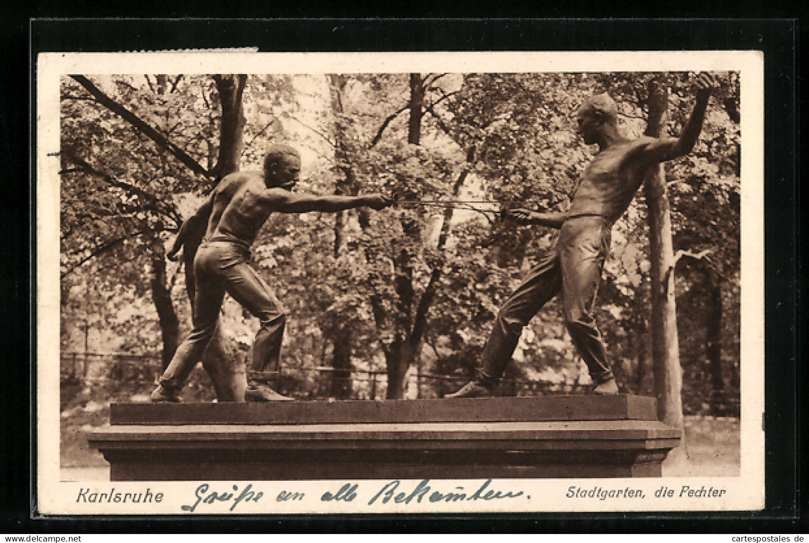 AK Karlsruhe, Stadtgarten, Statue Die Fechter  - Karlsruhe