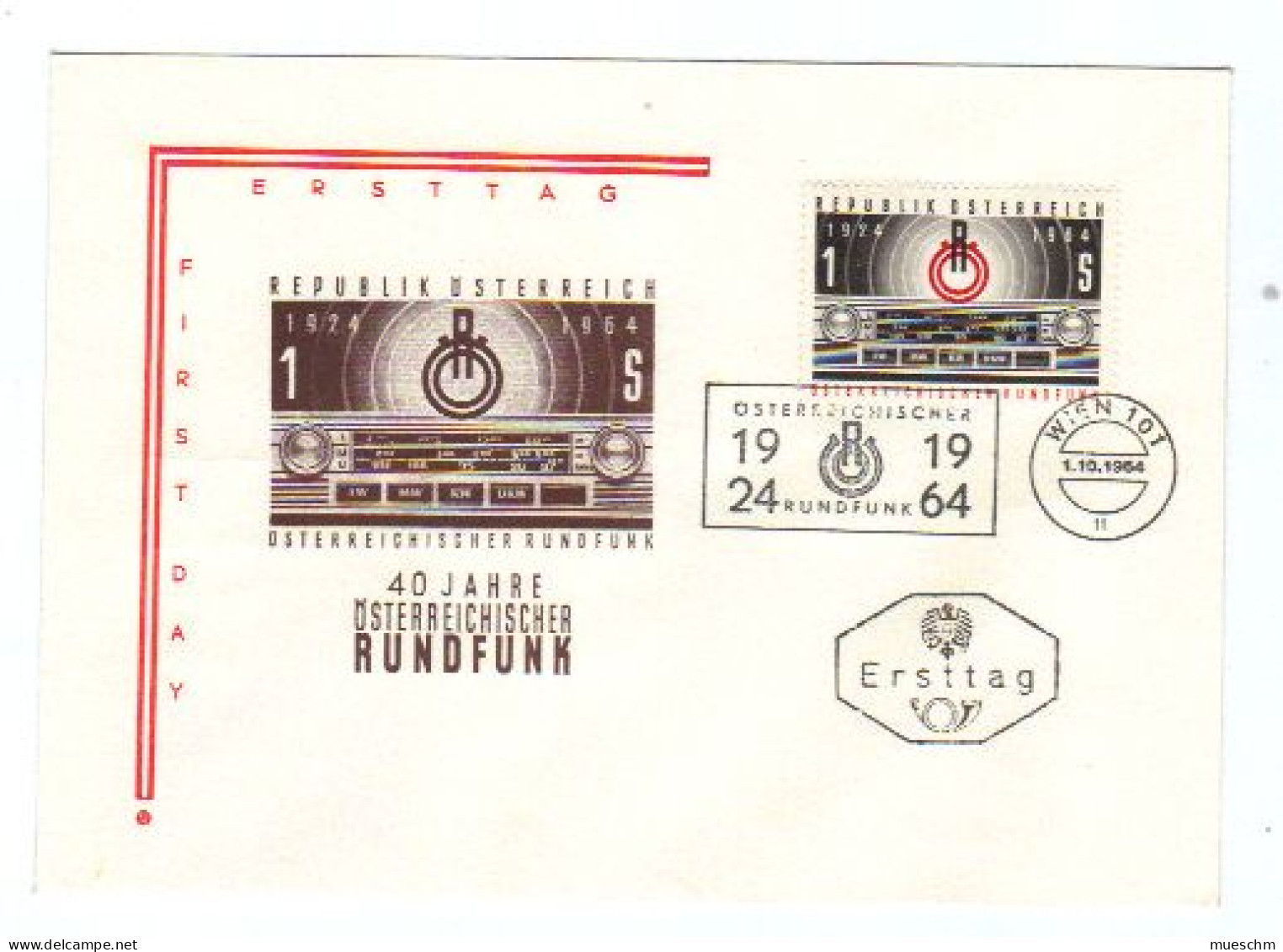 Österreich, 1964, Ersttag "40 Jahre Rundfunk In Österreich" A. Kuvert M. Tages- U. SStpl., MiNr.1174 (10711X) - FDC