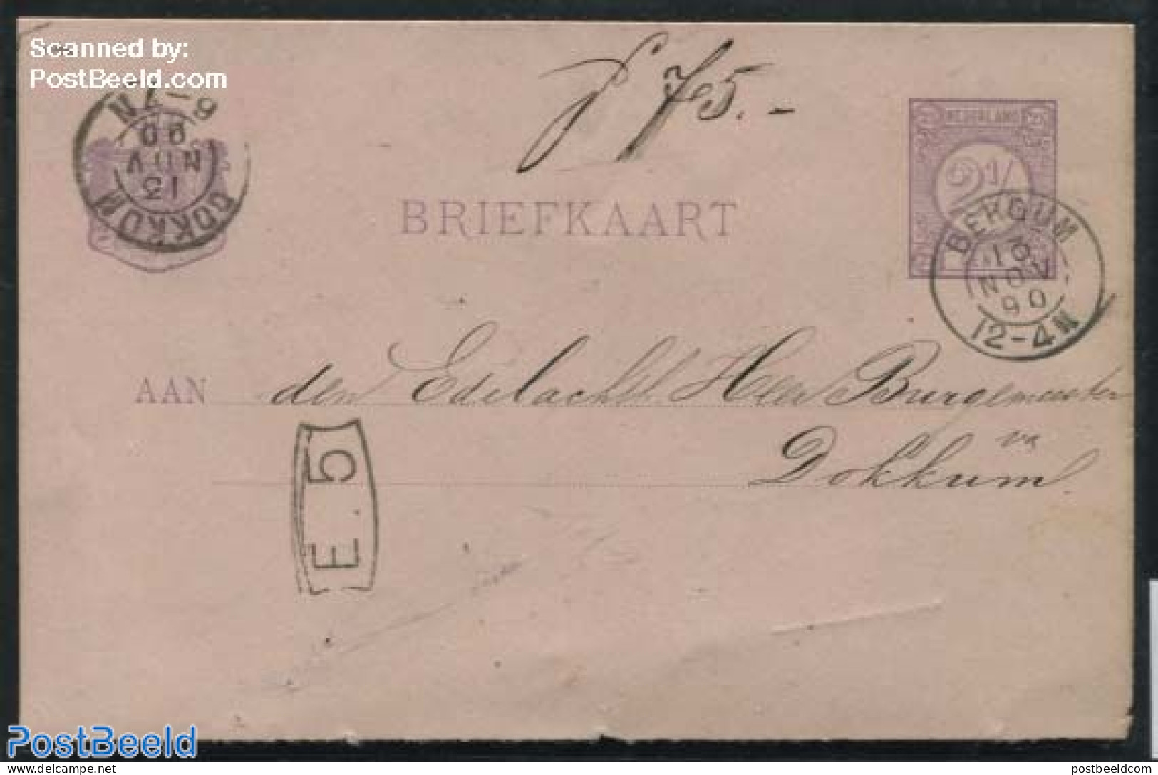 Netherlands, Kleinrond Cancellations 1890 Kleinrond BERGUM (HPK) On Postcard 2.5c, Postal History - Other & Unclassified