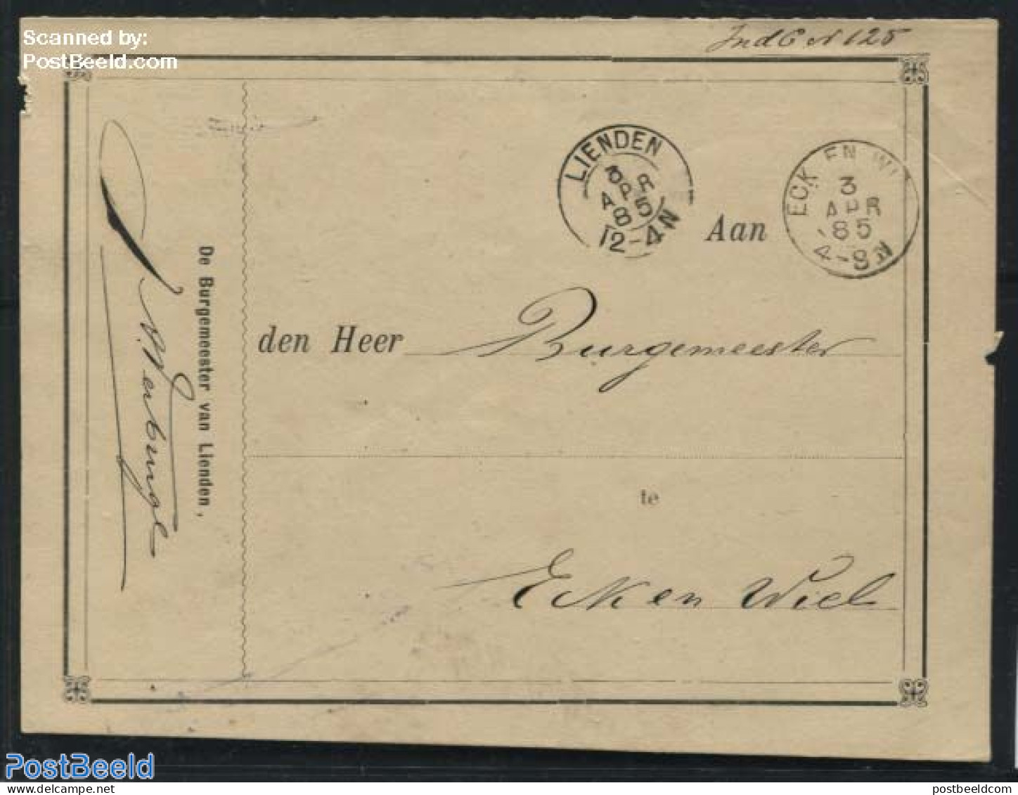 Netherlands, Kleinrond Cancellations 1885 Kleinrond ECK EN WIEL And LIENDEN On Official Mail, Postal History - Other & Unclassified