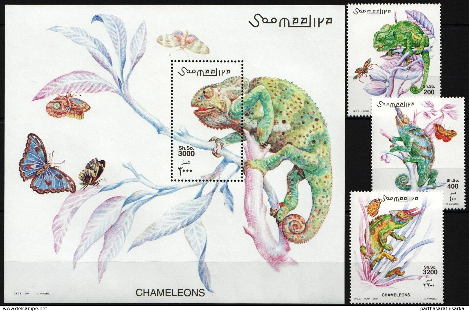 SOMALIA 2001 CHAMELEONS REPTILES COMPLETE SET WITH MINIATURE SHEET MS MNH - Neufs