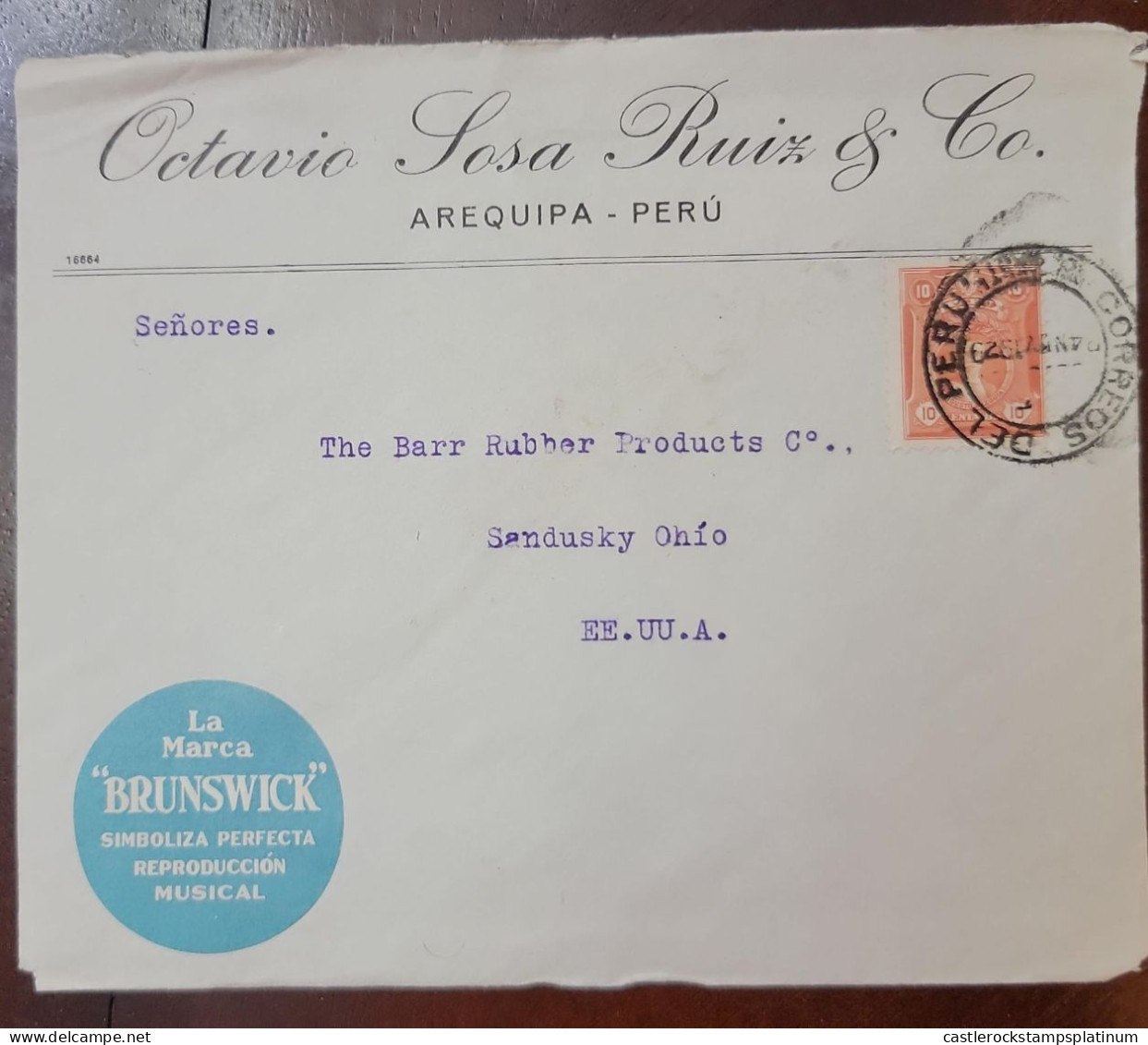 O) 1929 PERU, LEGUIA 10c,  LA MARCA BRUNSWICK, OCTAVIO SOSA  RUIZ - AREQUIPA., CIRCULATED TO USA - Perú