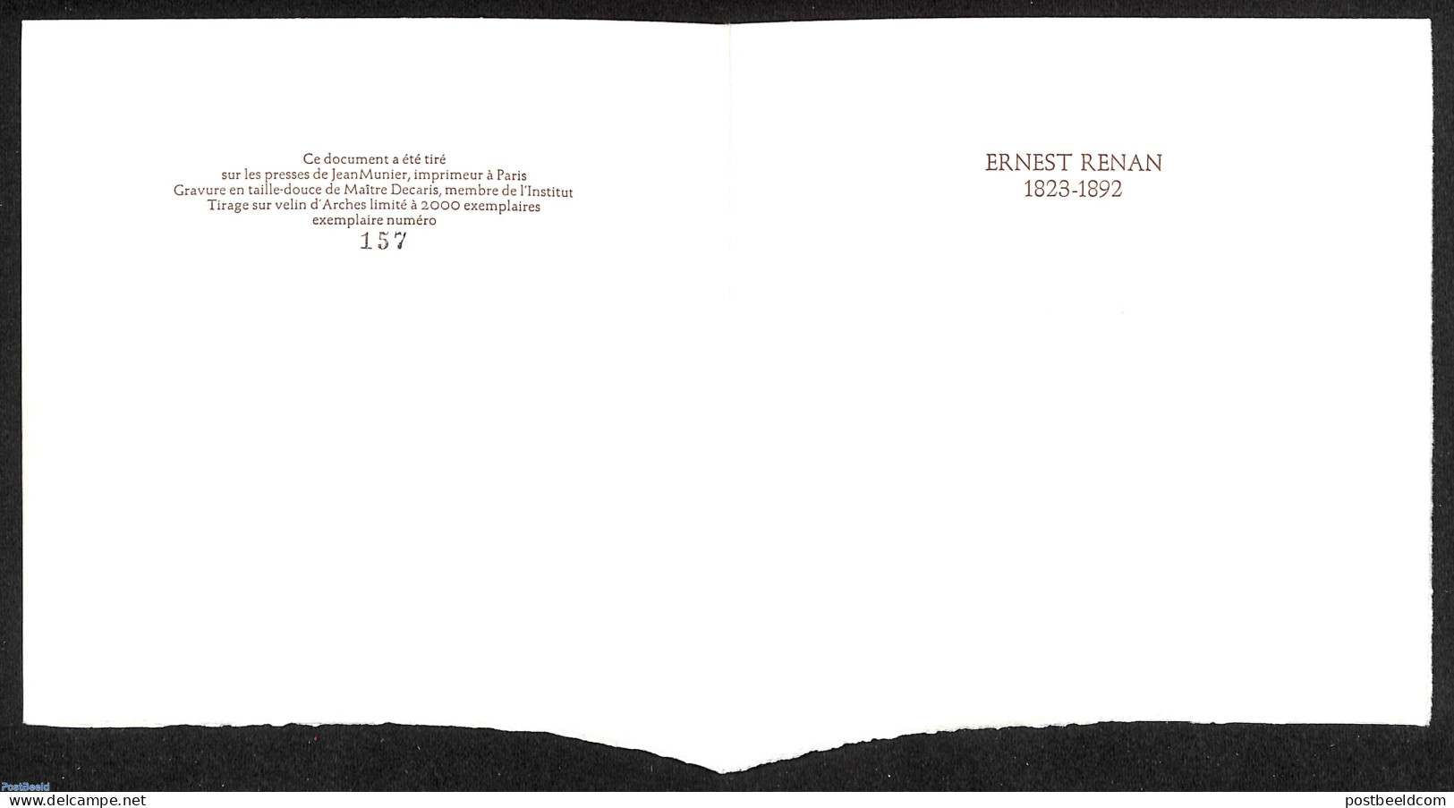 France 1973 Ernest Renan, Special FDC Leaf On Handmade Paper With Decaris Gravure, Limited Ed., Postal History - Brieven En Documenten