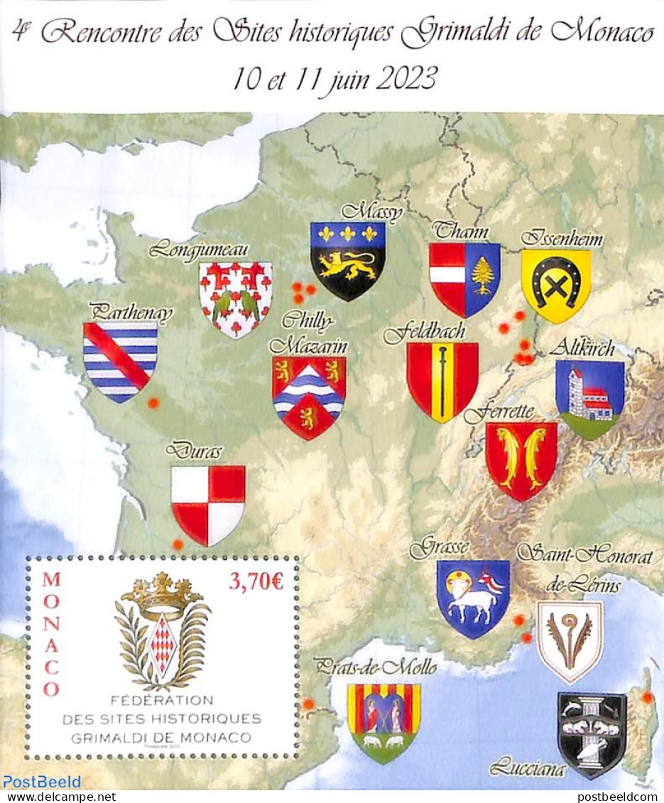 Monaco 2023 Historical Grimaldi Sites S/s, Mint NH, History - Various - Coat Of Arms - Maps - Neufs
