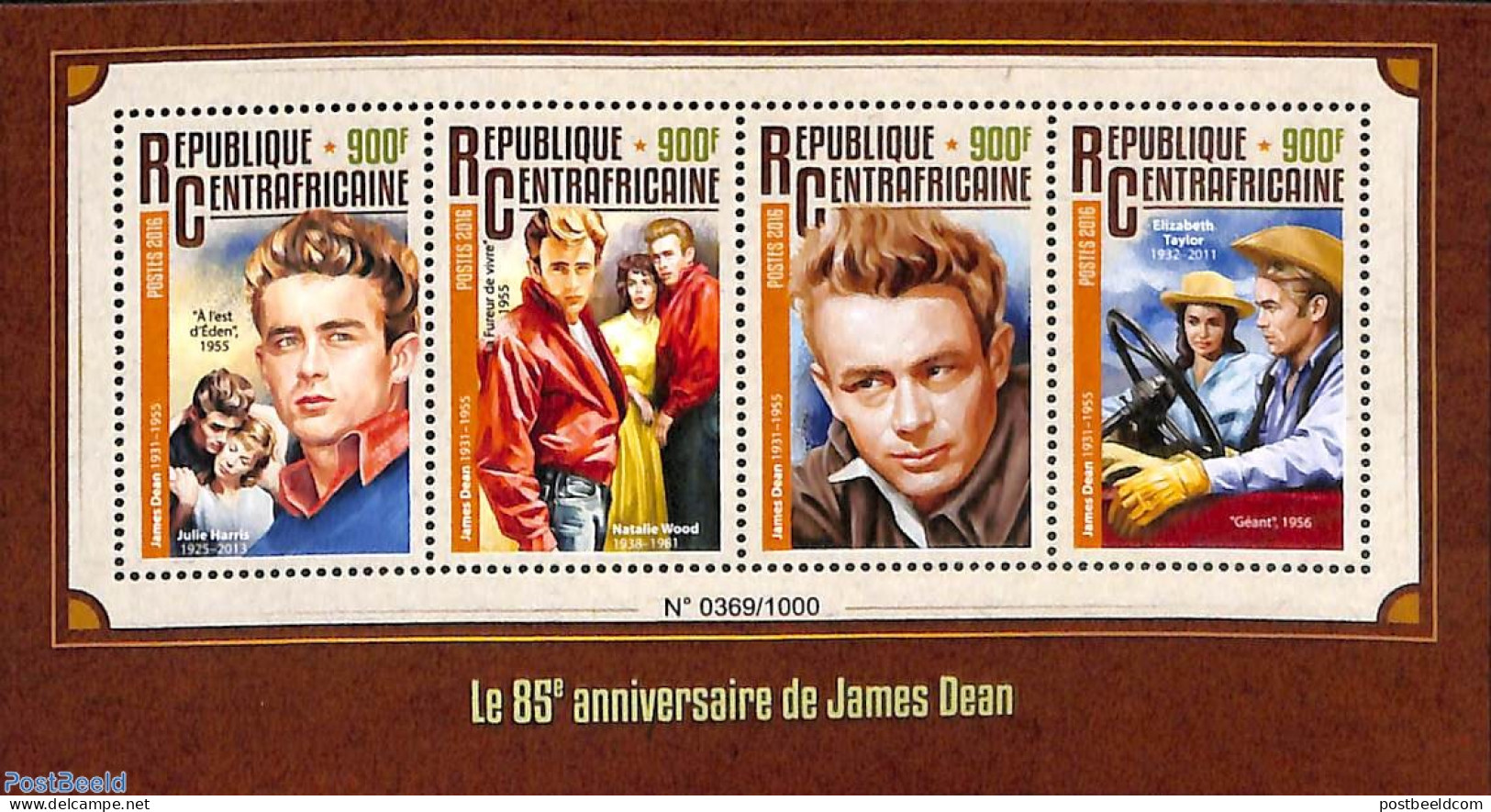 Central Africa 2016 James Dean 4v M/s, Mint NH, Performance Art - Movie Stars - Schauspieler