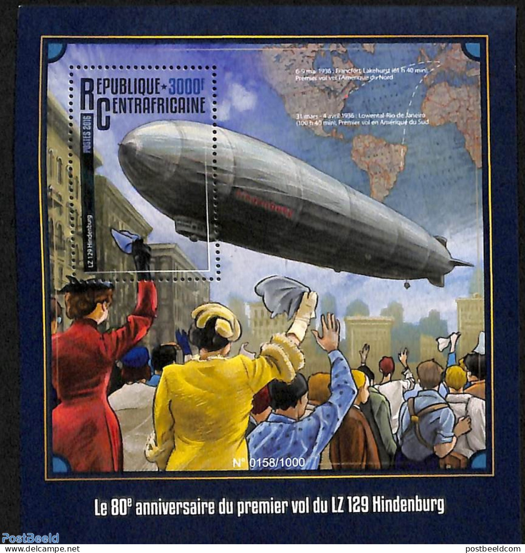 Central Africa 2016 LZ129 Hindenburg S/s, Mint NH, Transport - Zeppelins - Zeppelins