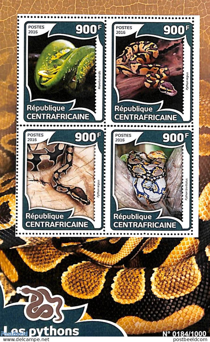 Central Africa 2016 Snakes 4v M/s, Mint NH, Nature - Reptiles - Snakes - Central African Republic