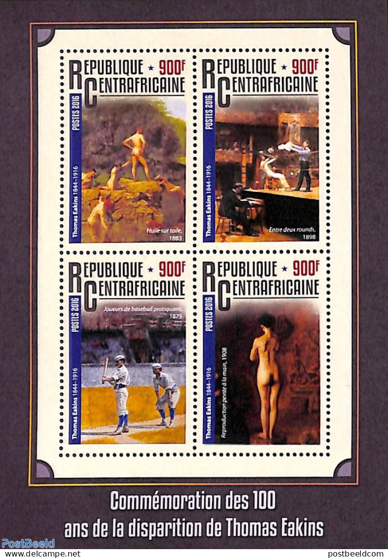 Central Africa 2016 Thomas Eakins 4v M/s, Mint NH, Art - Paintings - Central African Republic